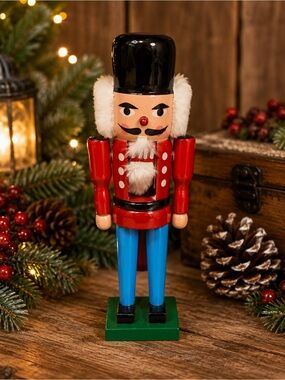Vintage 9” Wooden Nutcracker Soldier Red Blue Hand Painted Christmas Decor